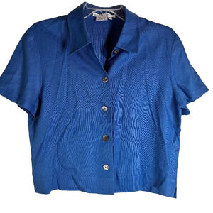 Maggy London Top‎ 100% Linen Women's Size 10 Cropped Button up Royal Blue